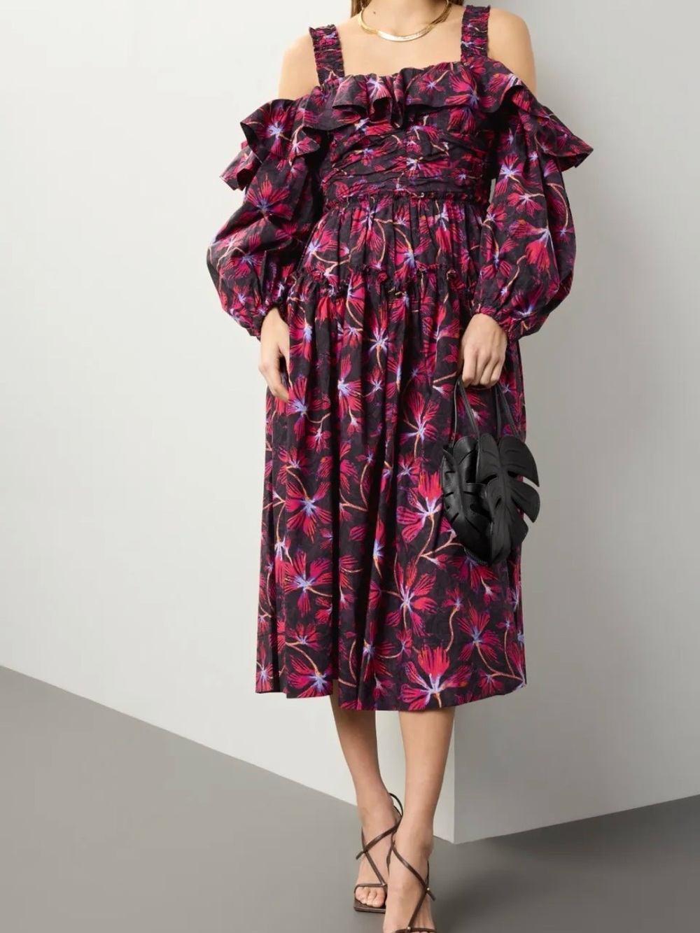 Ulla Johnson Caprice Magenta and Black Cold-Shoulder Floral Midi Dress Size 0